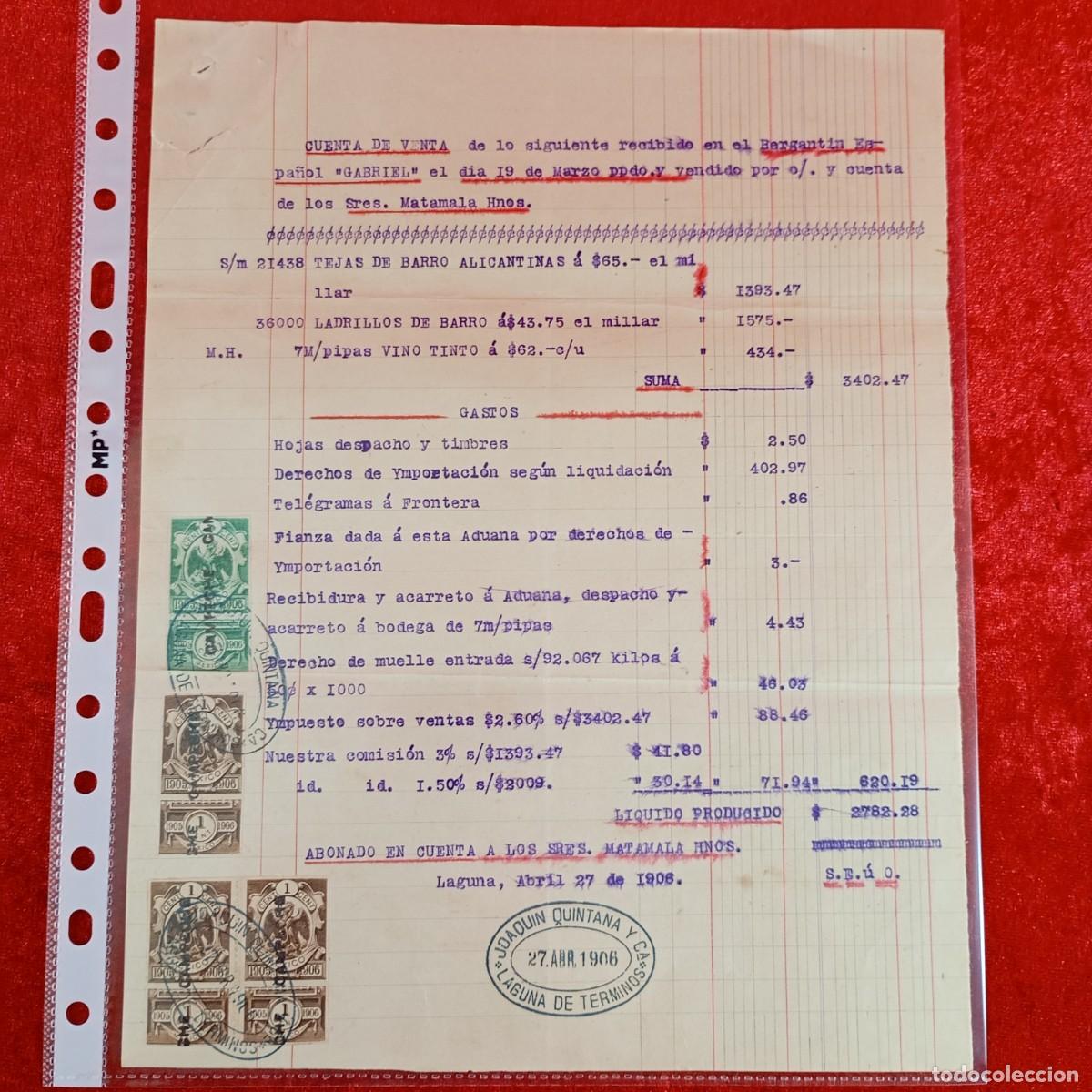 Facturas antiguas: FACTURA COMERCIAL - BERGANTIN ESPA&Ntilde;OL GABRIEL - HERMANOS MATAMALA - 1906 - EXPORTACION / 3458