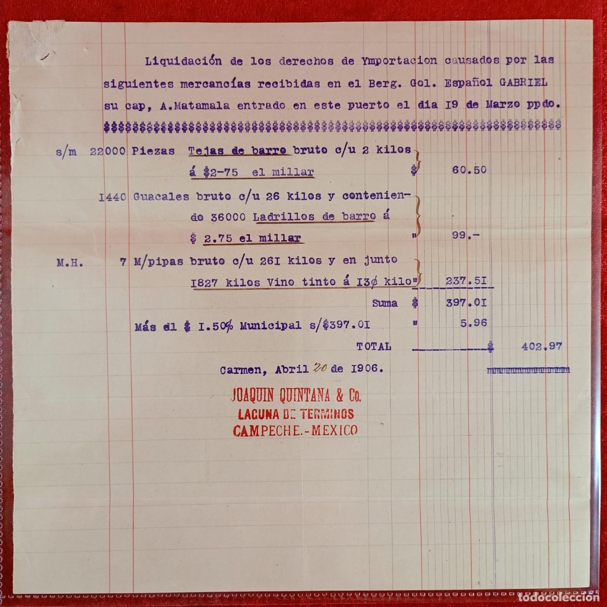 Facturas antiguas: FACTURA COMERCIAL - BERGANTIN ESPA&Ntilde;OL GABRIEL - HERMANOS MATAMALA - 1906 - EXPORTACION / 3459