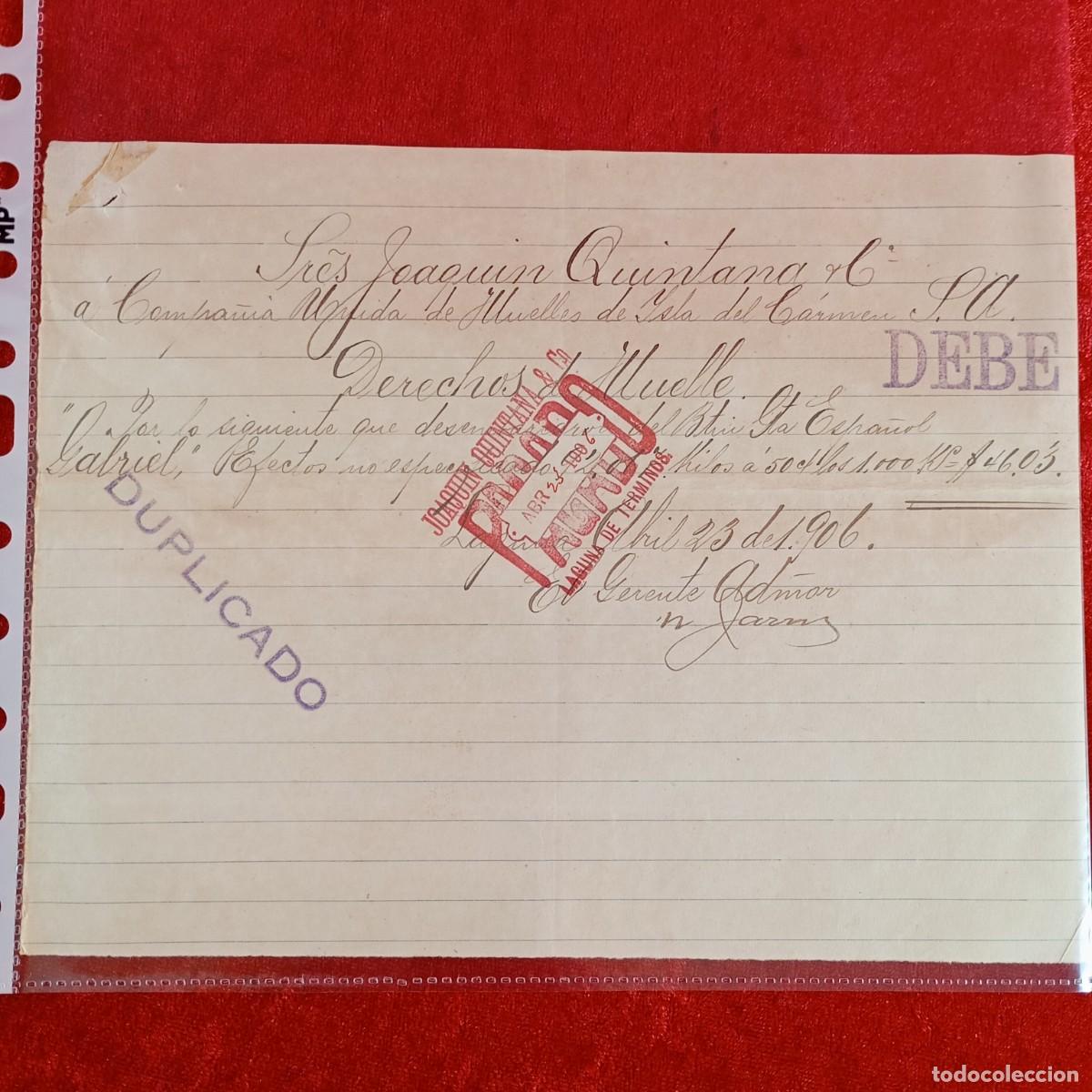 Facturas antiguas: FACTURA COMERCIAL - BERGANTIN ESP. GABRIEL - JOAQUIN QUINTANA - MATAMALA - 1906 - EXPORTACION / 3460