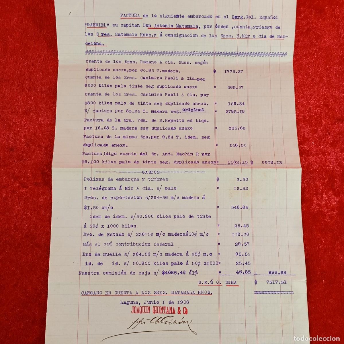 Facturas antiguas: FACTURA COMERCIAL - BERGANTIN ESP. GABRIEL - N. MIR & CIA - MATAMALA - 1906 - EXPORTACION / 3462