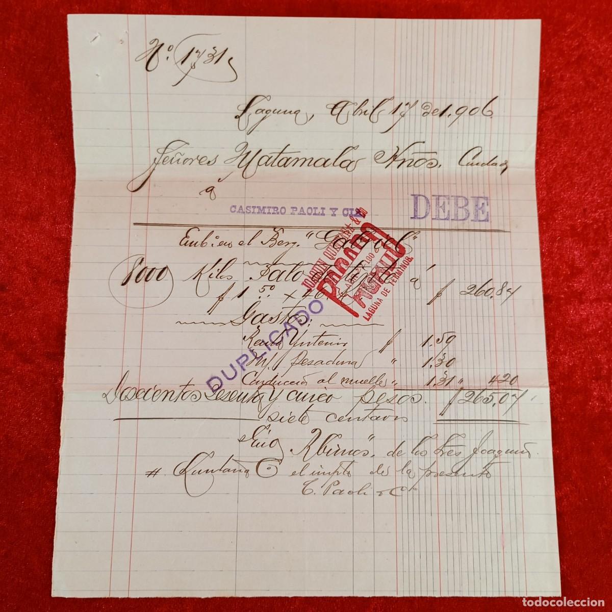Facturas antiguas: FACTURA COMERCIAL - CASIMIRO PAOLI Y CIA - HERMANOS MATAMALA - 1906 - EXPORTACION - VILASAR / 3464