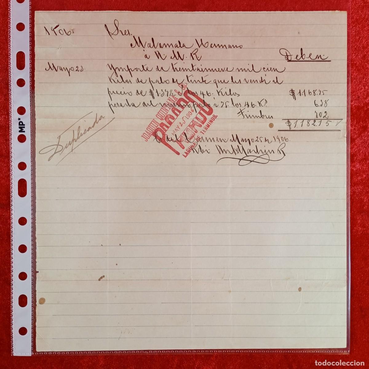 Facturas antiguas: FACTURA COMERCIAL - HERMANOS MATAMALA - N. MARTIN R. - 1906 - EXPORTACION - VILASAR / 3469