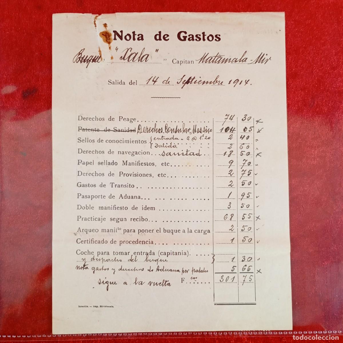 Facturas antiguas: FACTURA COMERCIAL - GASTOS BUQUE XALA - C. SAUNIER - 1914 - HERMANOS MATAMALA - EXPORTACION / 3472