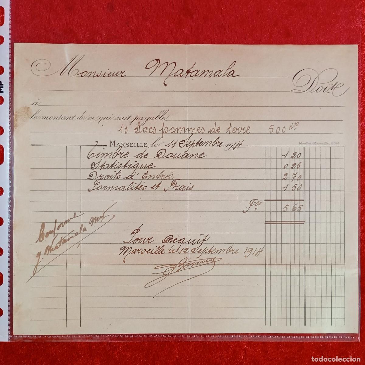 Facturas antiguas: FACTURA COMERCIAL - MONSIEUR MATAMALA - 1914 - HERMANOS MATAMALA - EXPORTADORES - VILASAR / 3478