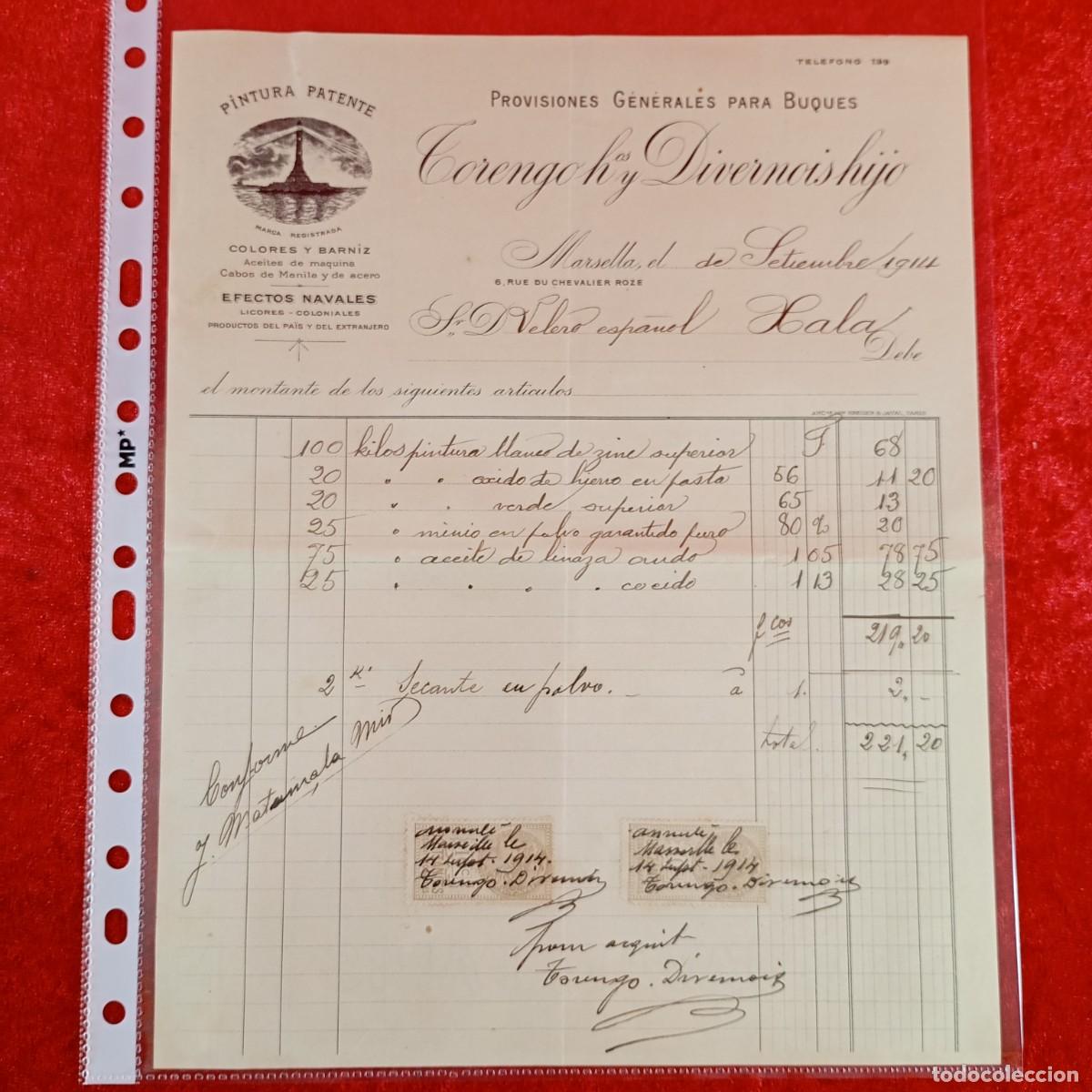 Facturas antiguas: FACTURA COMERCIAL - TORENGO Y DIVERNOIS - VELERO XALA - 1914 - HNOS MATAMALA - EXPORTADORES / 3481