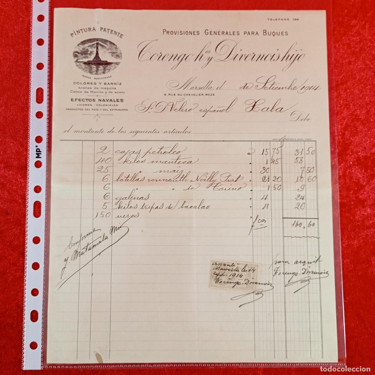 Facturas antiguas: FACTURA COMERCIAL - TORENGO Y DIVERNOIS - VELERO XALA - 1914 - HNOS MATAMALA - EXPORTADORES / 3482