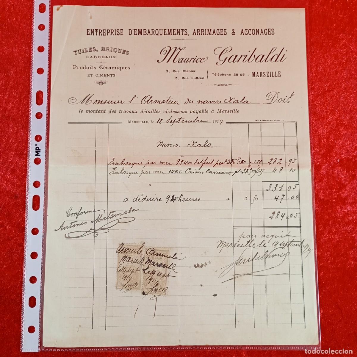 Facturas antiguas: FACTURA COMERCIAL - MAURICE GARIBALDI - NAVIRE XALA - 1914 - HNOS MATAMALA - EXPORTADORES / 3483