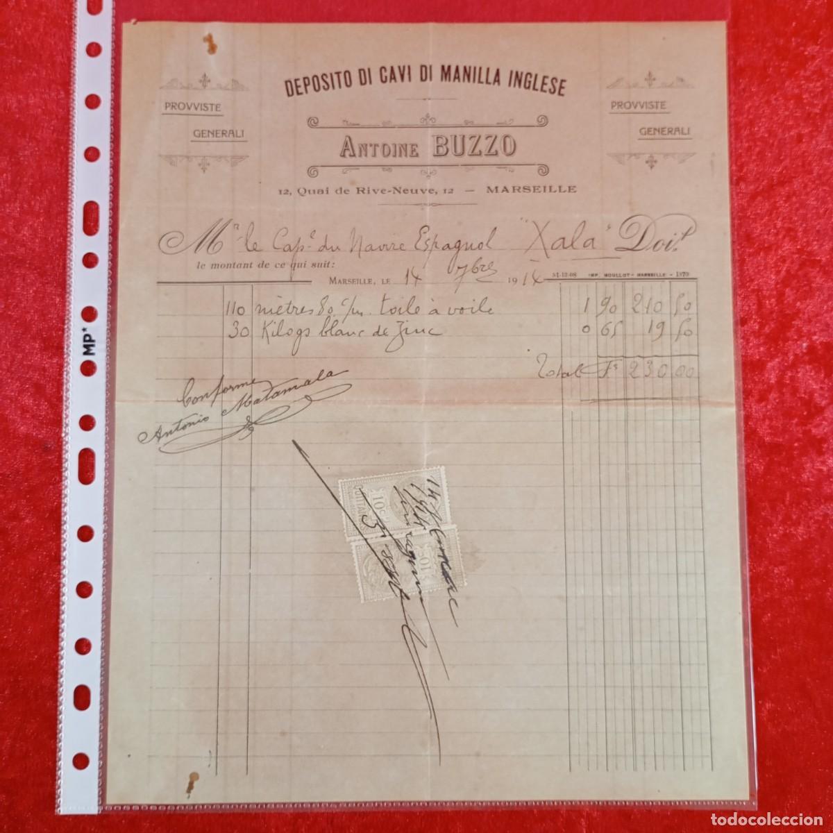 Facturas antiguas: FACTURA COMERCIAL - ANTOINE BUZZO - NAVIRE ESPAGNOL XALA -1914 - HNOS MATAMALA - EXPORTADORES / 3484