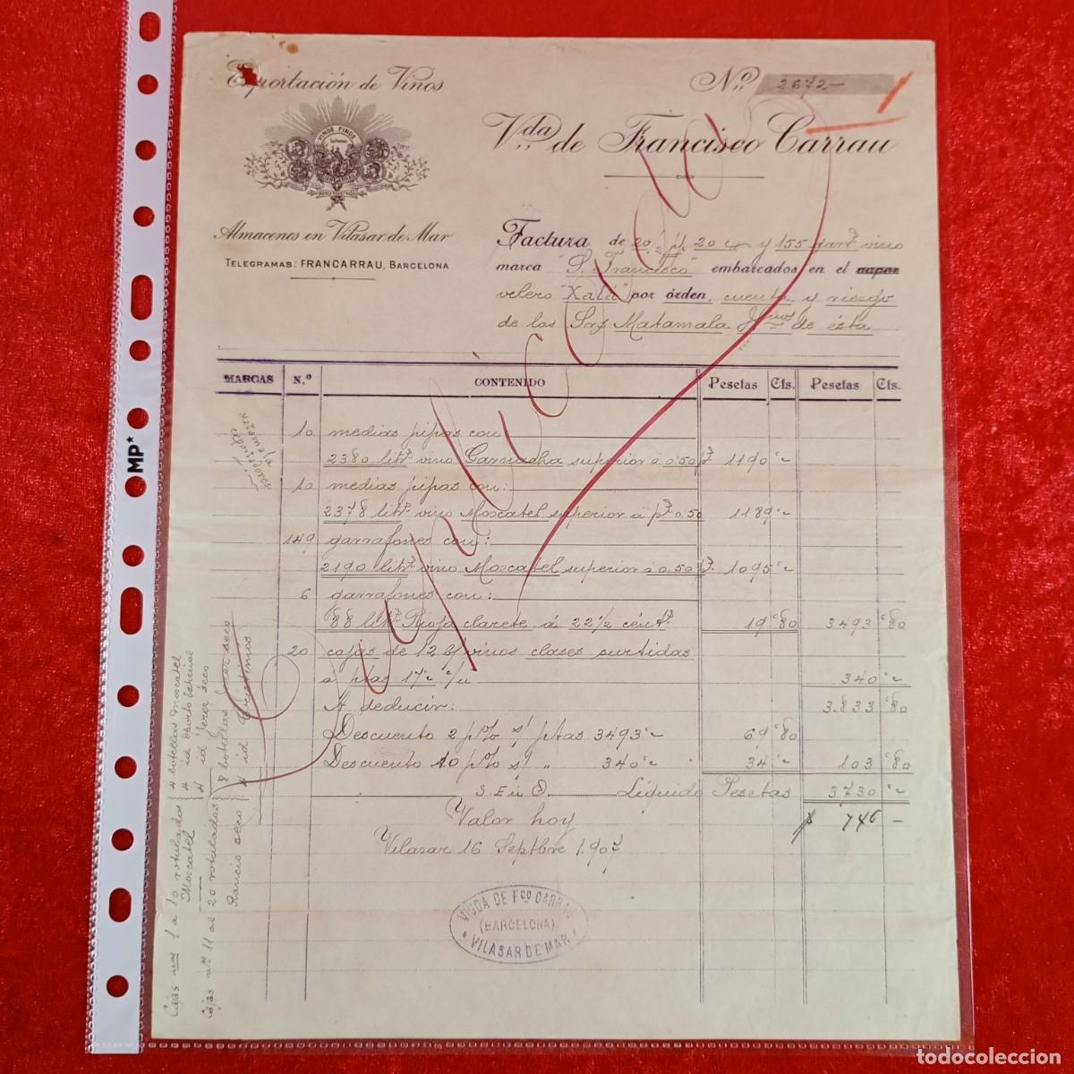 Facturas antiguas: FACTURA COMERCIAL - VIUDA DE FRANCISCO CARRAU - 1907 - HERMANOS MATAMALA - EXPORTADORES / 3486