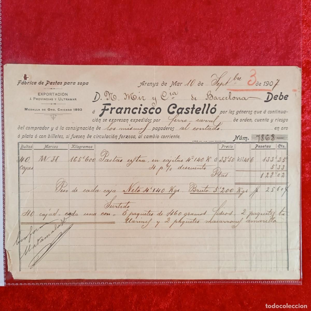 Facturas antiguas: FACTURA COMERCIAL - FRANCISCO CASTELL&Oacute; - M. MIR Y C&ordf;- 1907 - HERMANOS MATAMALA - EXPORTADORES / 3487