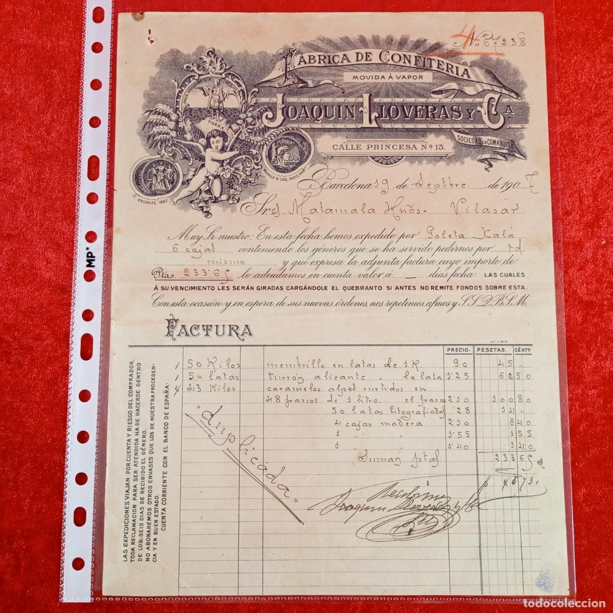 Facturas antiguas: FACTURA COMERCIAL - JOAQUIN LLOVERAS Y C&ordf; - 1907 - HERMANOS MATAMALA - EXPORTADORES / 3488