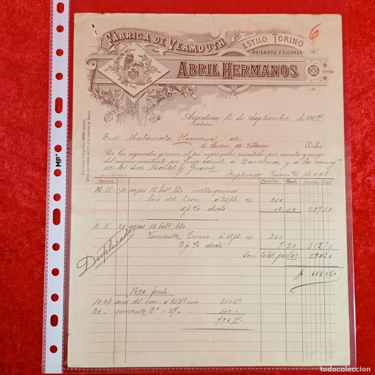 Facturas antiguas: FACTURA COMERCIAL - ABRIL HERMANOS, F&Aacute;BRICA VERMOUTH -1907 - HERMANOS MATAMALA - EXPORTADORES / 3489