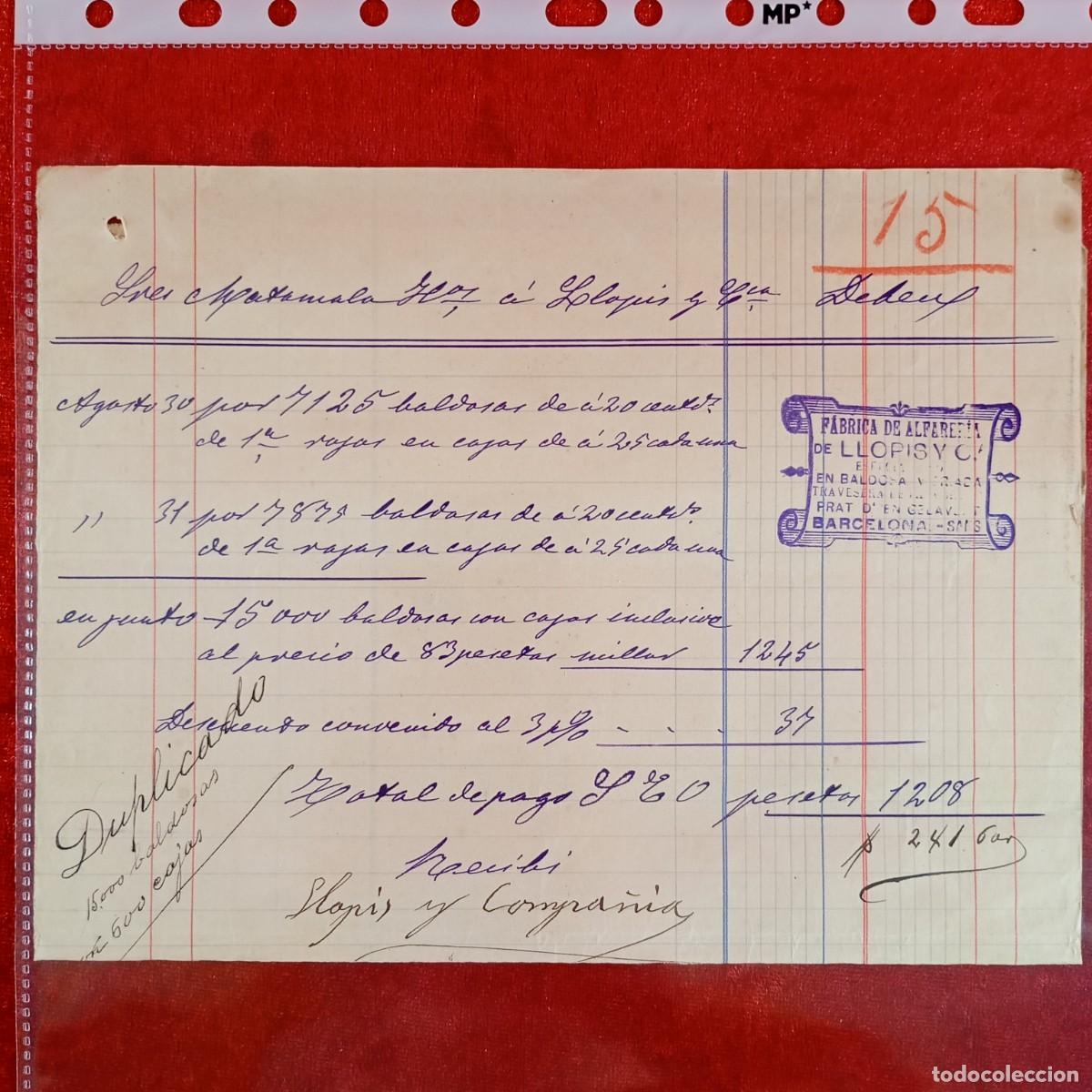 Facturas antiguas: FACTURA COMERCIAL - LLOPIS Y CIA, F&Aacute;BRICA ALFARER&Iacute;A - HERMANOS MATAMALA - EXPORTADORES / 3495
