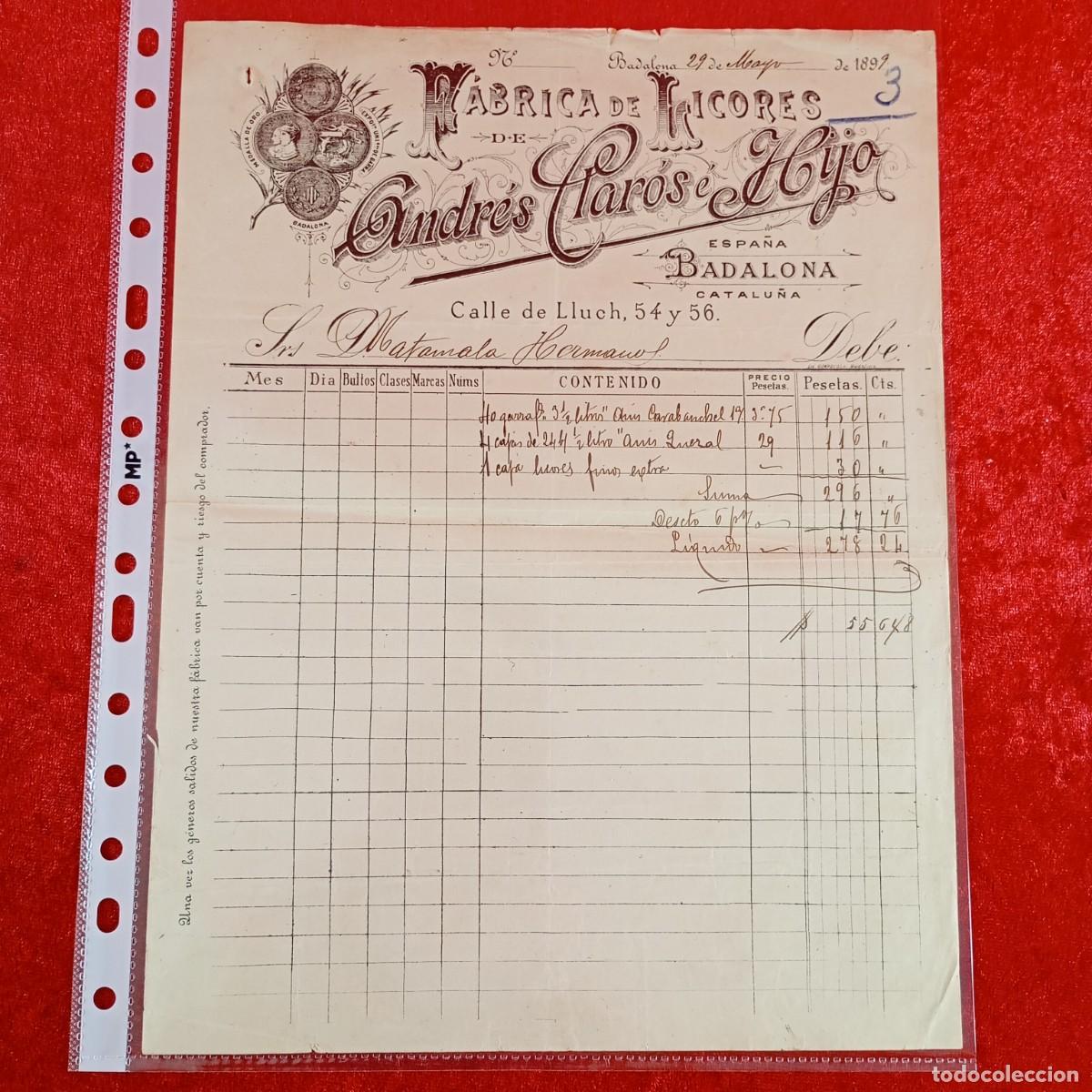 Facturas antiguas: FACTURA COMERCIAL - ANDR&Eacute;S CLAR&Oacute;S E HIJO - 1899 - HERMANOS MATAMALA - EXPORTADORES - VILASAR / 3498