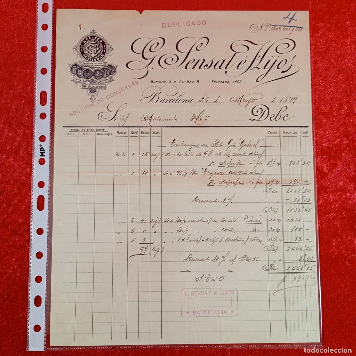 Facturas antiguas: FACTURA COMERCIAL - G. SENSAT E HIJOS - 1899 - HERMANOS MATAMALA - EXPORTADORES - VILASAR / 3499
