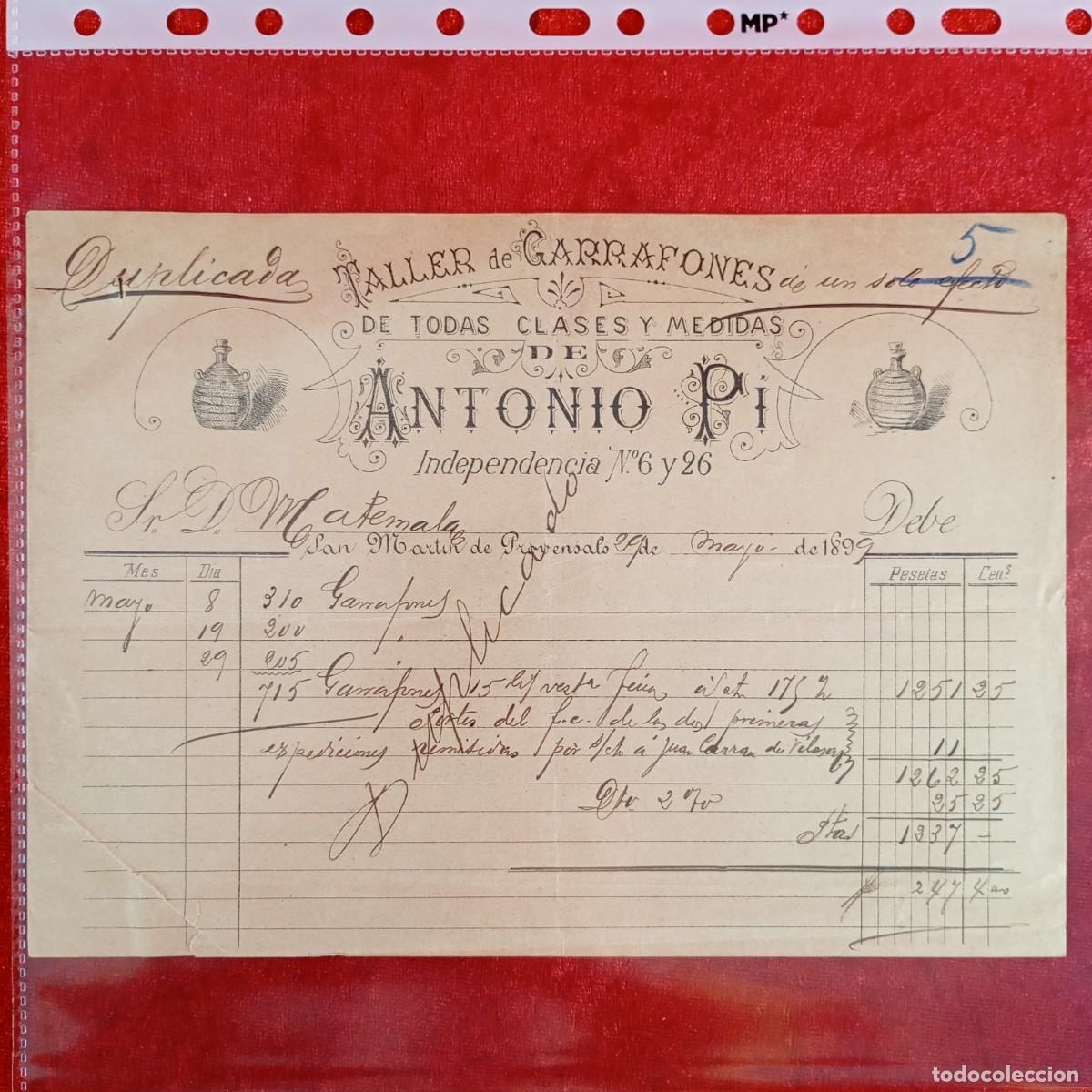 Facturas antiguas: FACTURA COMERCIAL - ANTONIO PI, GARRAFONES- 1899 - HERMANOS MATAMALA - EXPORTADORES - VILASAR / 3500
