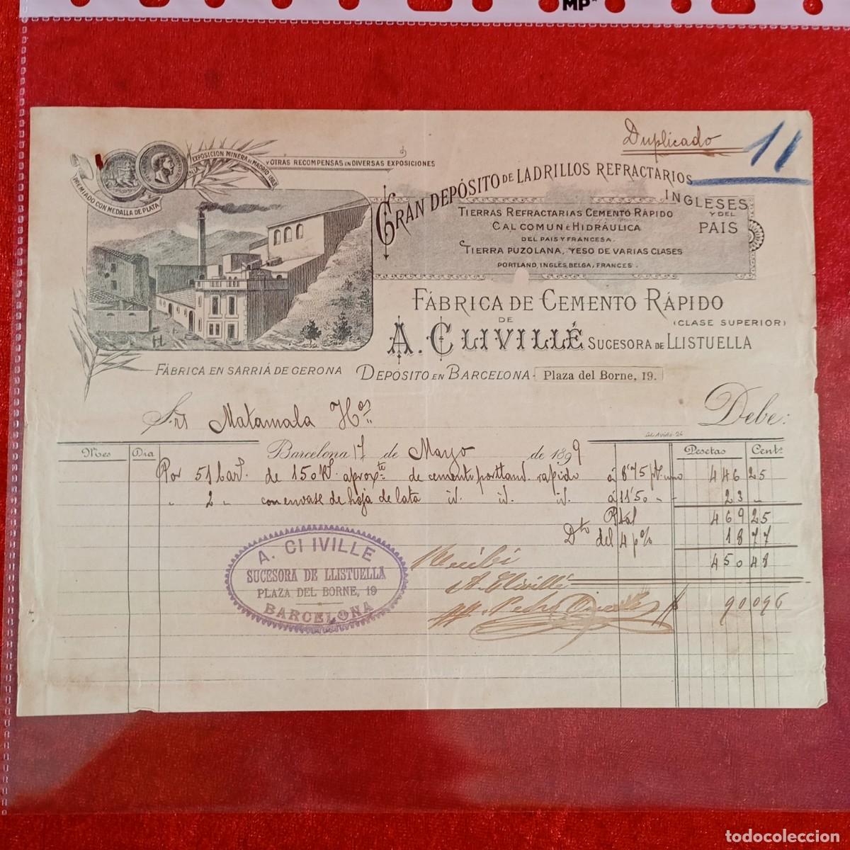 Facturas antiguas: FACTURA COMERCIAL - A. CLIVILL&Eacute;, F&Aacute;BRICA DE CEMENTO - 1899 - HERMANOS MATAMALA - EXPORTADORES / 3504