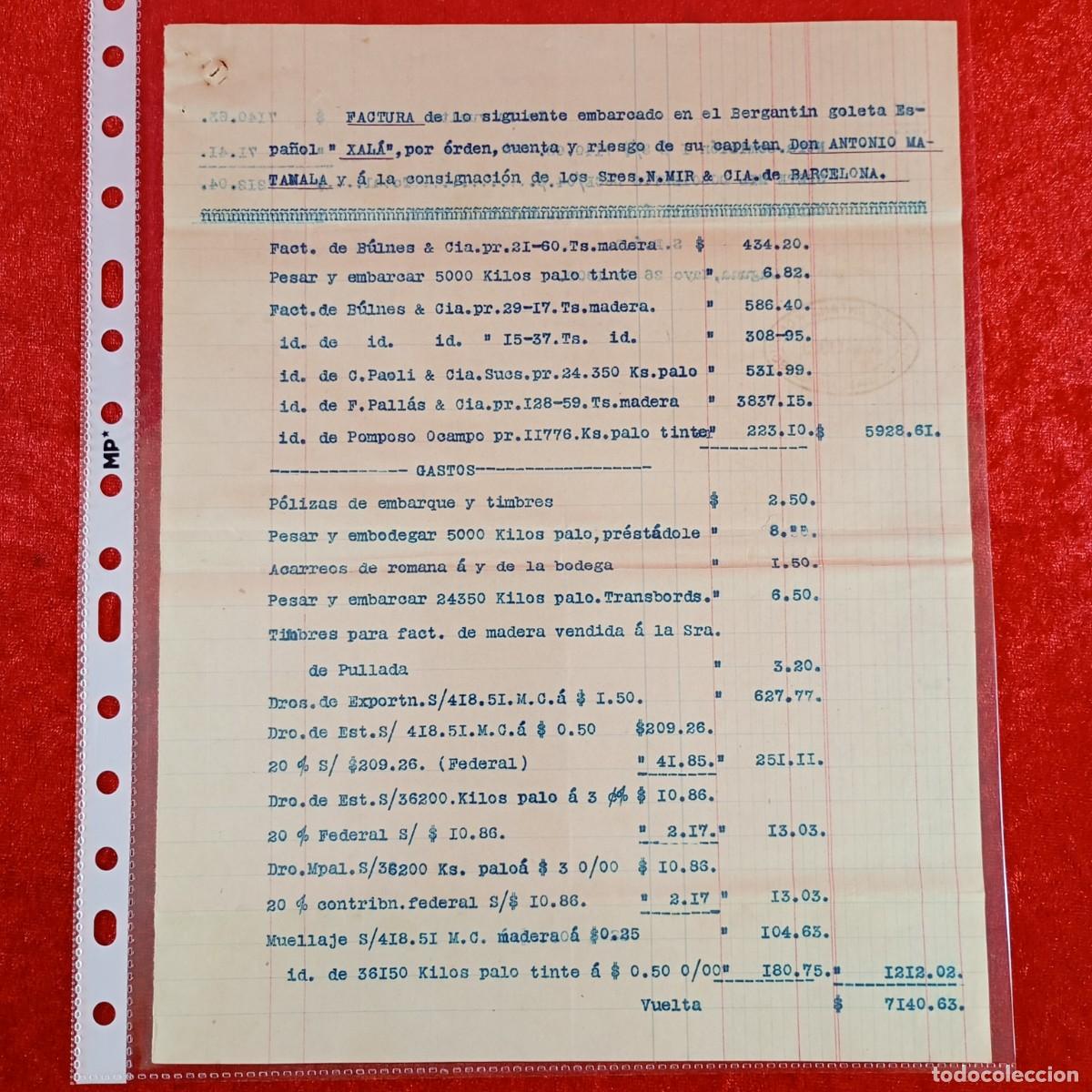 Facturas antiguas: FACTURA COMERCIAL - BERGANTIN XALA - N. MIR & CIA - 1909 - HERMANOS MATAMALA - EXPORTADORES / 3508