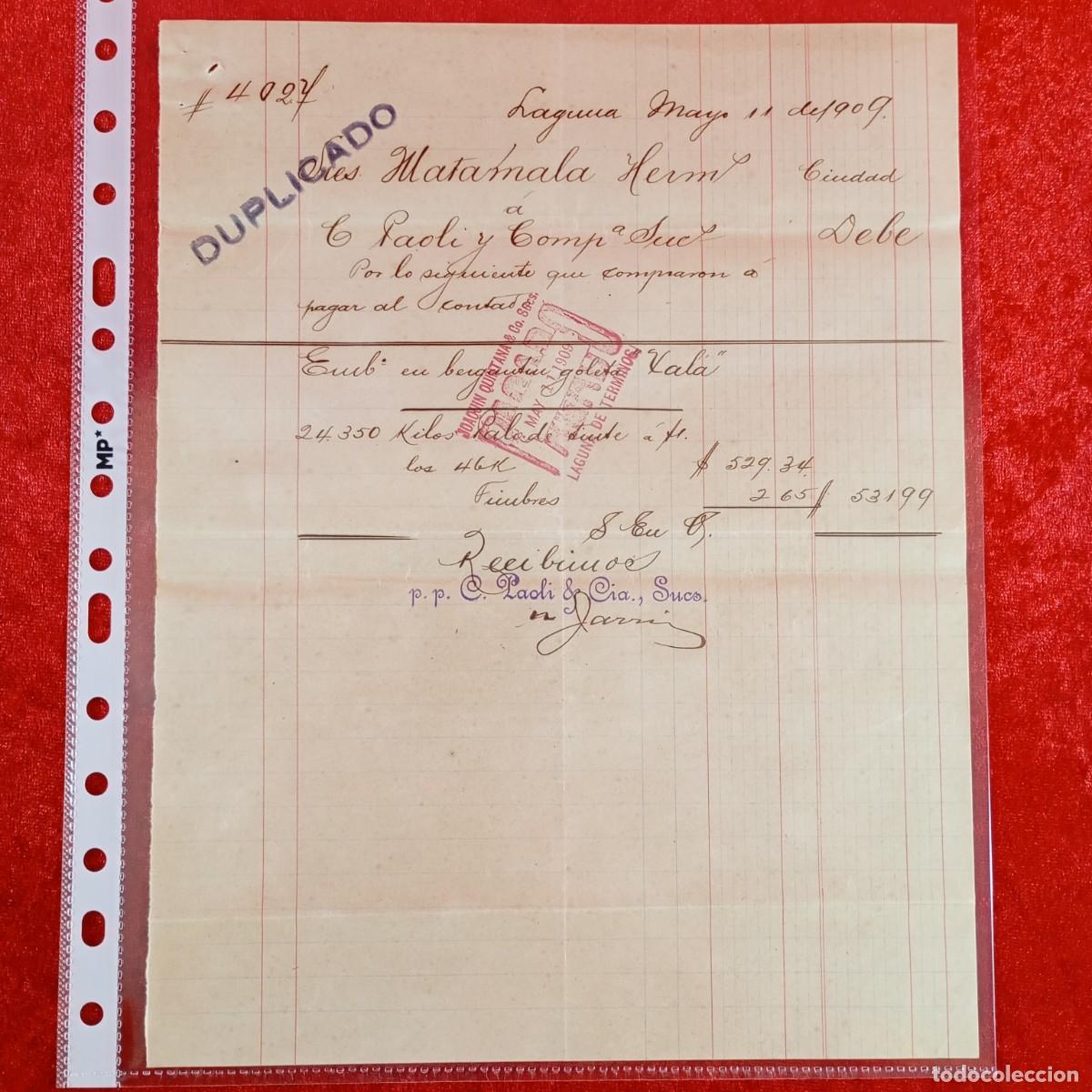 Facturas antiguas: FACTURA COMERCIAL - C. PAOLI Y COMP&ordf; SUCESORES - 1909 - HERMANOS MATAMALA - EXPORTADORES / 3512