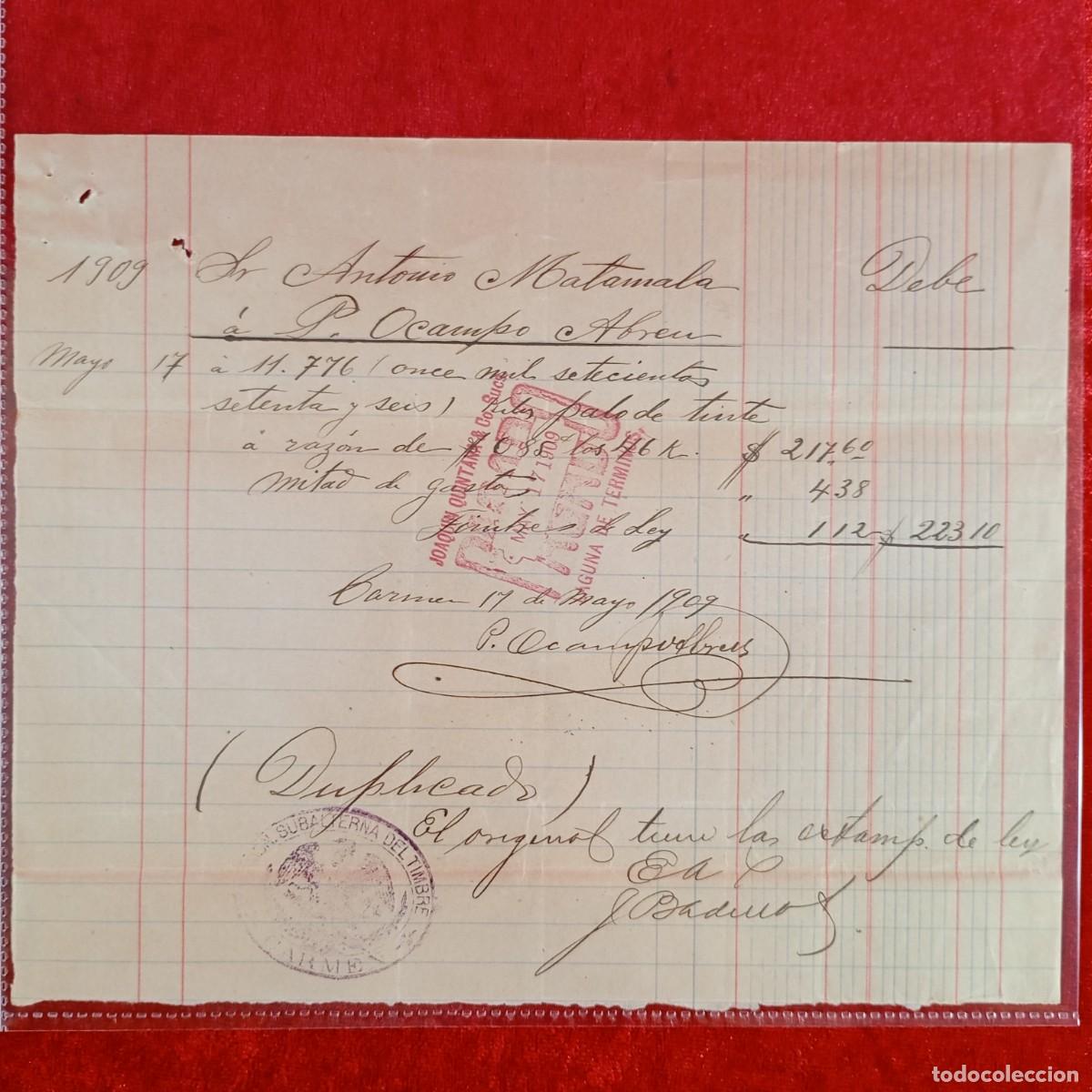 Facturas antiguas: FACTURA COMERCIAL - P. OCAMPO ABREU - 1909 - HERMANOS MATAMALA - EXPORTADORES - VILASAR / 3514