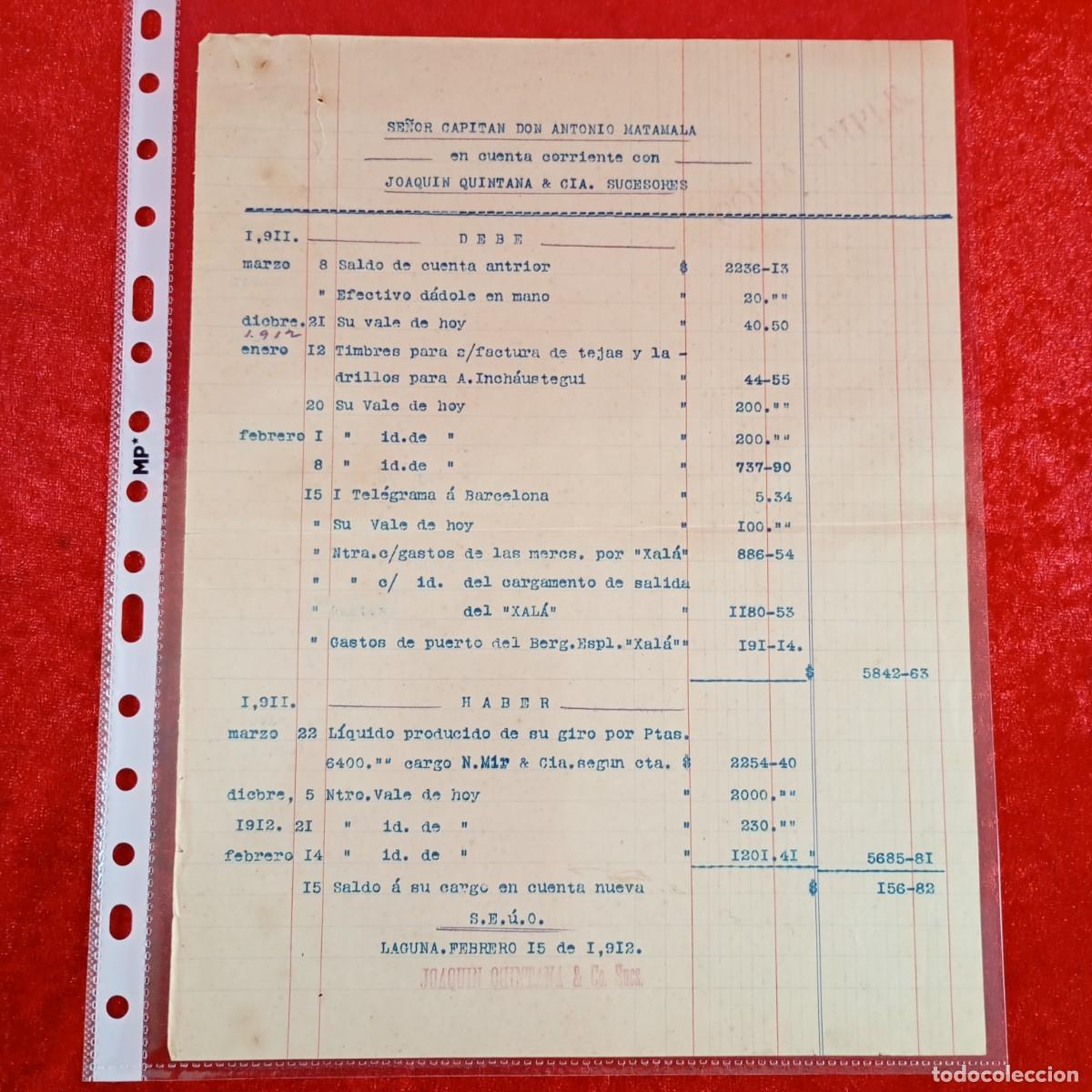 Facturas antiguas: FACTURA COMERCIAL - JOAQUIN QUINTANA & CIA - HERMANOS MATAMALA - 1912 - EXPORTACION - VILASAR / 3518
