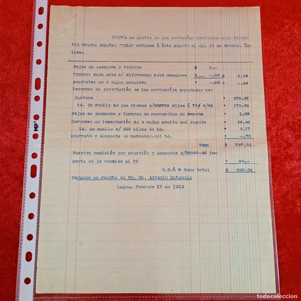 Facturas antiguas: FACTURA COMERCIAL - BERGANTIN GOLETA XALA - HERMANOS MATAMALA - 1912 - EXPORTACION - VILASAR / 3525