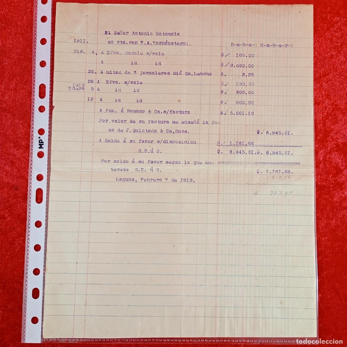 Facturas antiguas: FACTURA COMERCIAL - F.A. YNCH&Aacute;USTEGUI - HERMANOS MATAMALA - 1912 - EXPORTACION - VILASAR / 3526