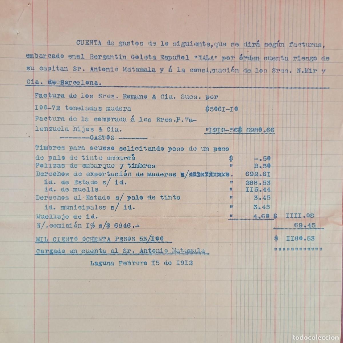 Facturas antiguas: FACTURA COMERCIAL - N. MIR Y CIA. - BERGANTIN XALA - HERMANOS MATAMALA - 1912 - EXPORTACION / 3527