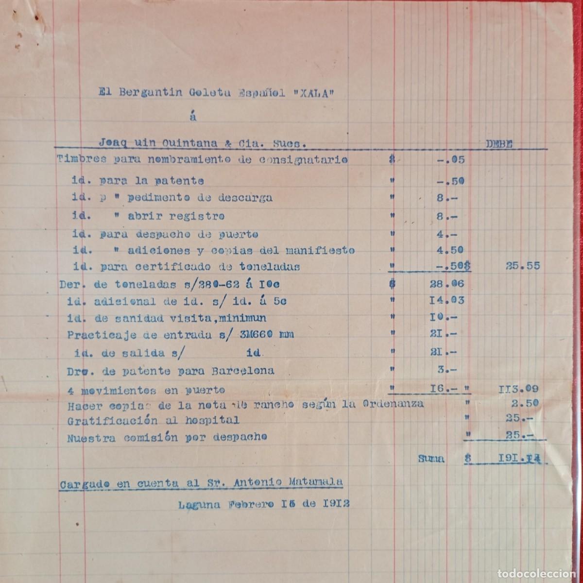 Facturas antiguas: FACTURA COMERCIAL - JOAQUIN QUINTANA - 1912 - HERMANOS MATAMALA - EXPORTACION - VILASAR / 3536