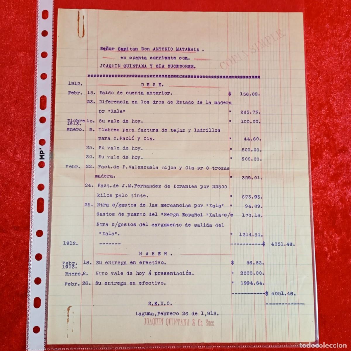Facturas antiguas: FACTURA COMERCIAL - JOAQUIN QUINTANA - 1913 - HERMANOS MATAMALA - EXPORTACION - VILASAR / 3537