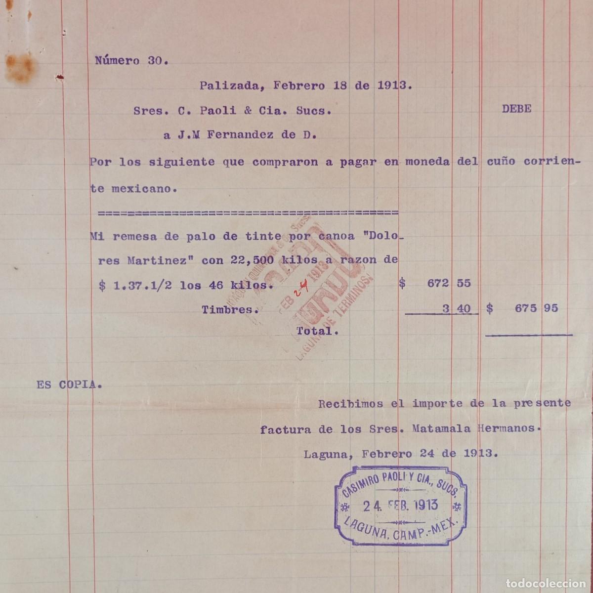 Facturas antiguas: FACTURA COMERCIAL - C. PAOLI & CIA. - J.M. FERNANDEZ - 1913 - MATAMALA - EXPORTACION -VILASAR / 3545