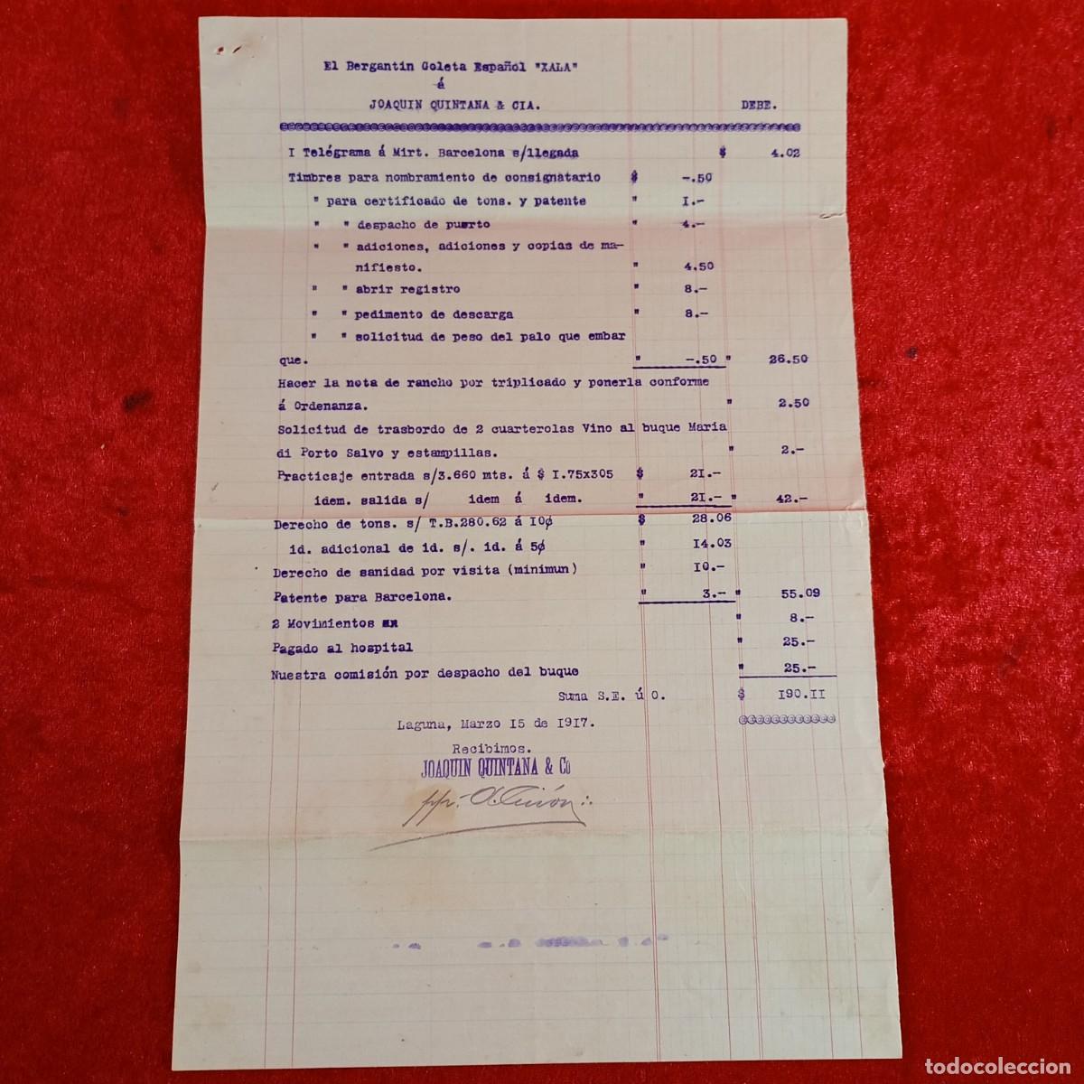 Facturas antiguas: FACTURA COMERCIAL - JOAQUIN QUINTANA - 1917 -BERGANTIN XALA -HERMANOS MATAMALA - EXPORTACION / 3551
