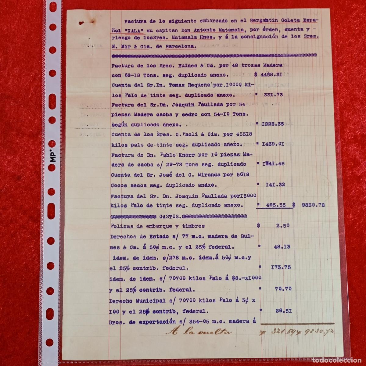 Facturas antiguas: FACTURA COMERCIAL - N. MIR & CIA - 1907 - BERGANTIN XALA - HERMANOS MATAMALA - EXPORTACION / 3552