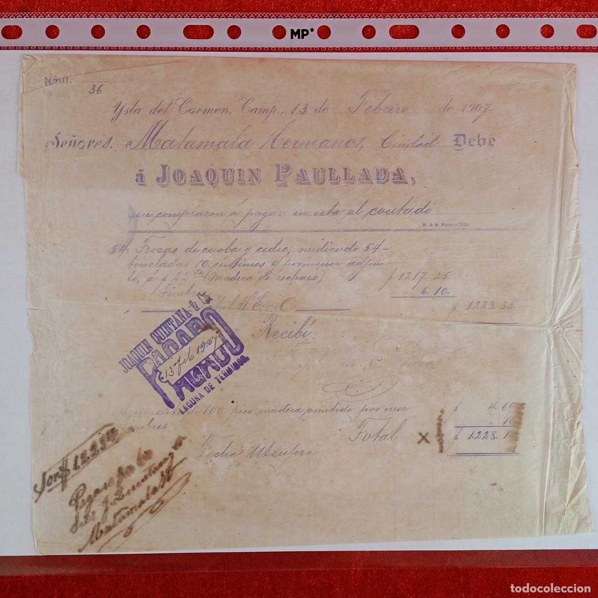 Facturas antiguas: FACTURA COMERCIAL - JOAQUIN PAULLADA - 1907 - HERMANOS MATAMALA - EXPORTACION - VILASAR / 3554