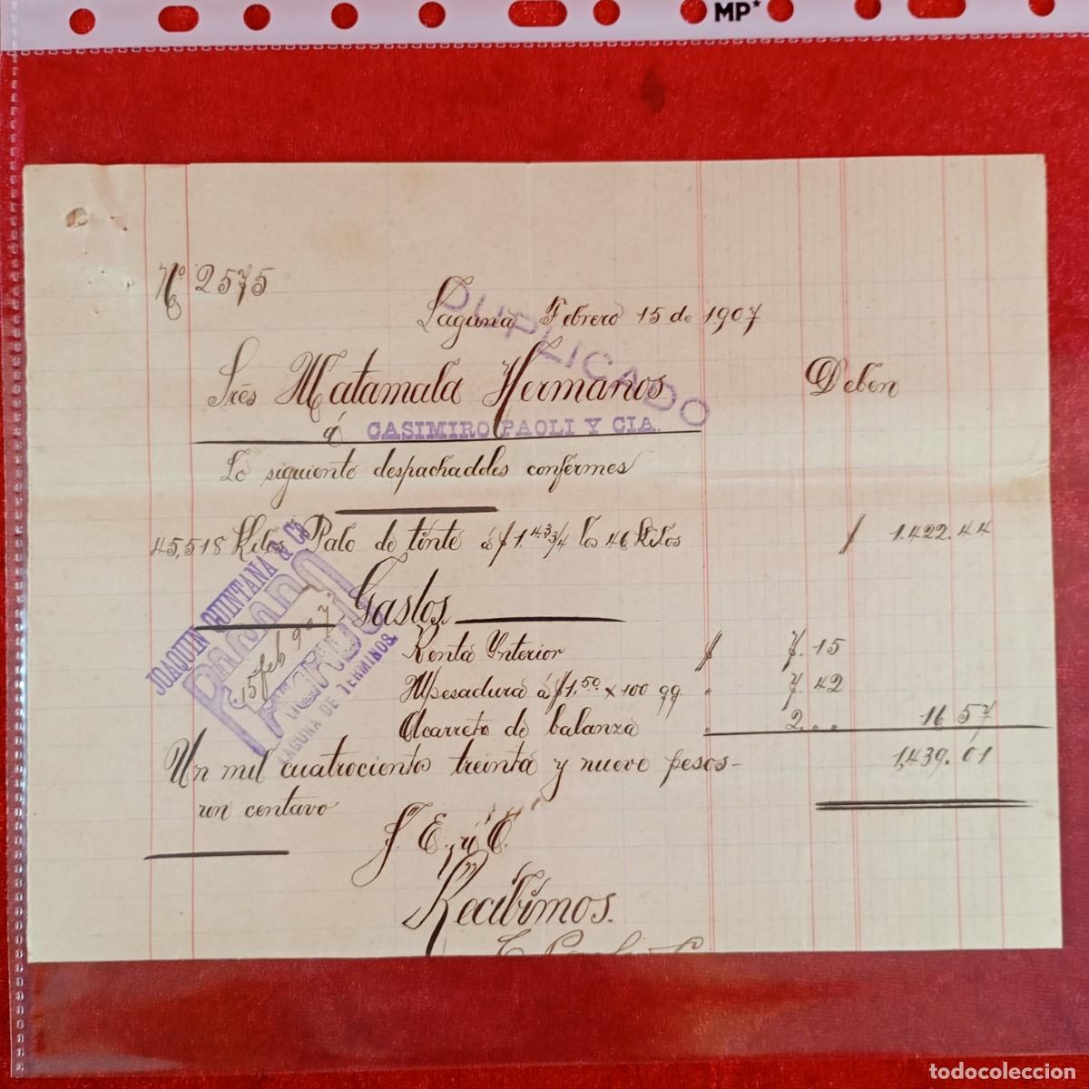Facturas antiguas: FACTURA COMERCIAL - CASIMIRO Y CIA - 1907 - HERMANOS MATAMALA - EXPORTACION - VILASAR / 3556