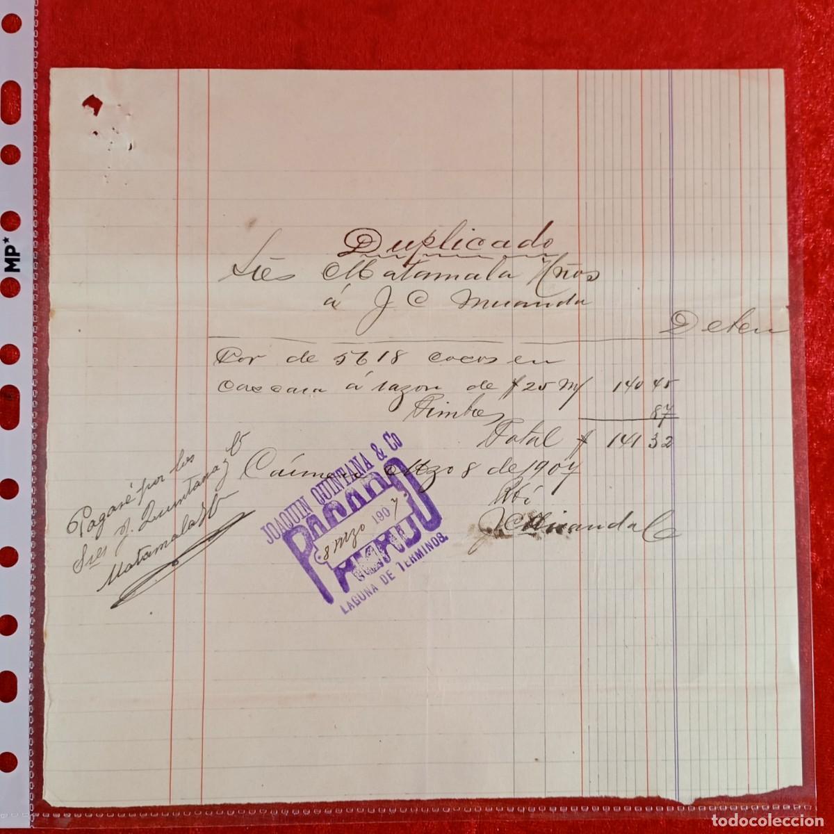 Facturas antiguas: FACTURA COMERCIAL - JOAQUIN QUINTANA - 1907 - HERMANOS MATAMALA - EXPORTACION - VILASAR / 3558