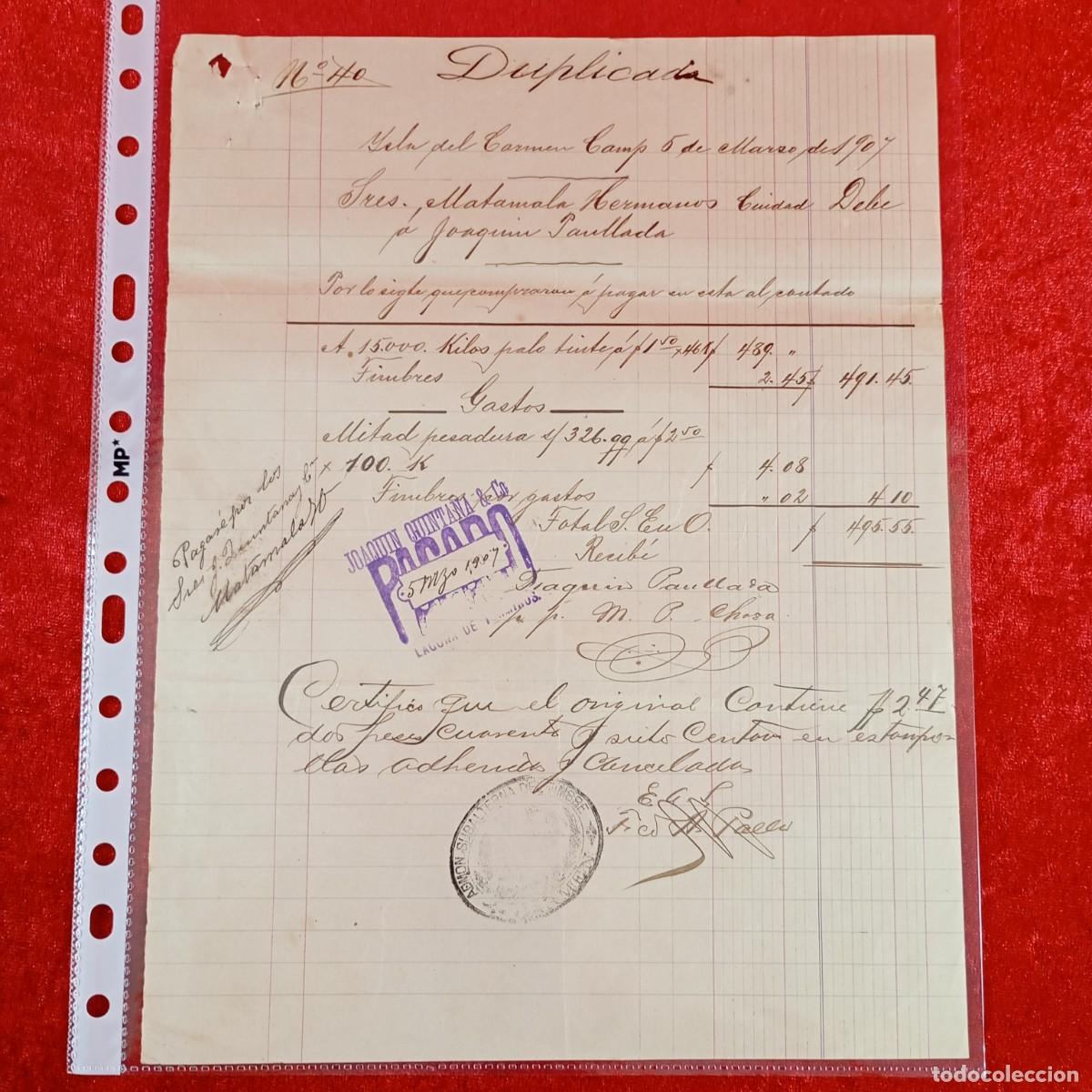 Facturas antiguas: FACTURA COMERCIAL - JOAQUIN PAULLADA - 1907 - HERMANOS MATAMALA - EXPORTACION - VILASAR / 3559