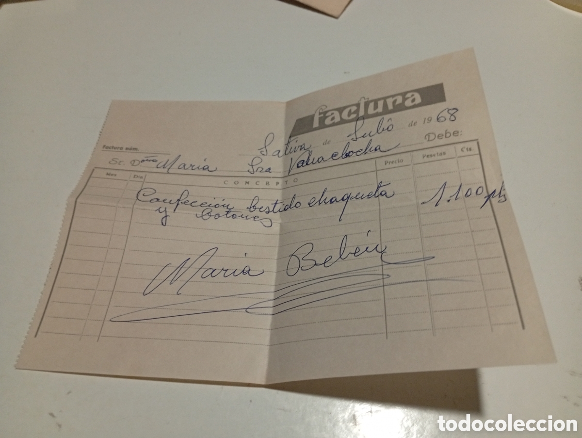 Facturas antiguas: Factura confecci&oacute;n vestido y chaqueta, J&aacute;tiva 1968 Mar&iacute;a Bel&eacute;n