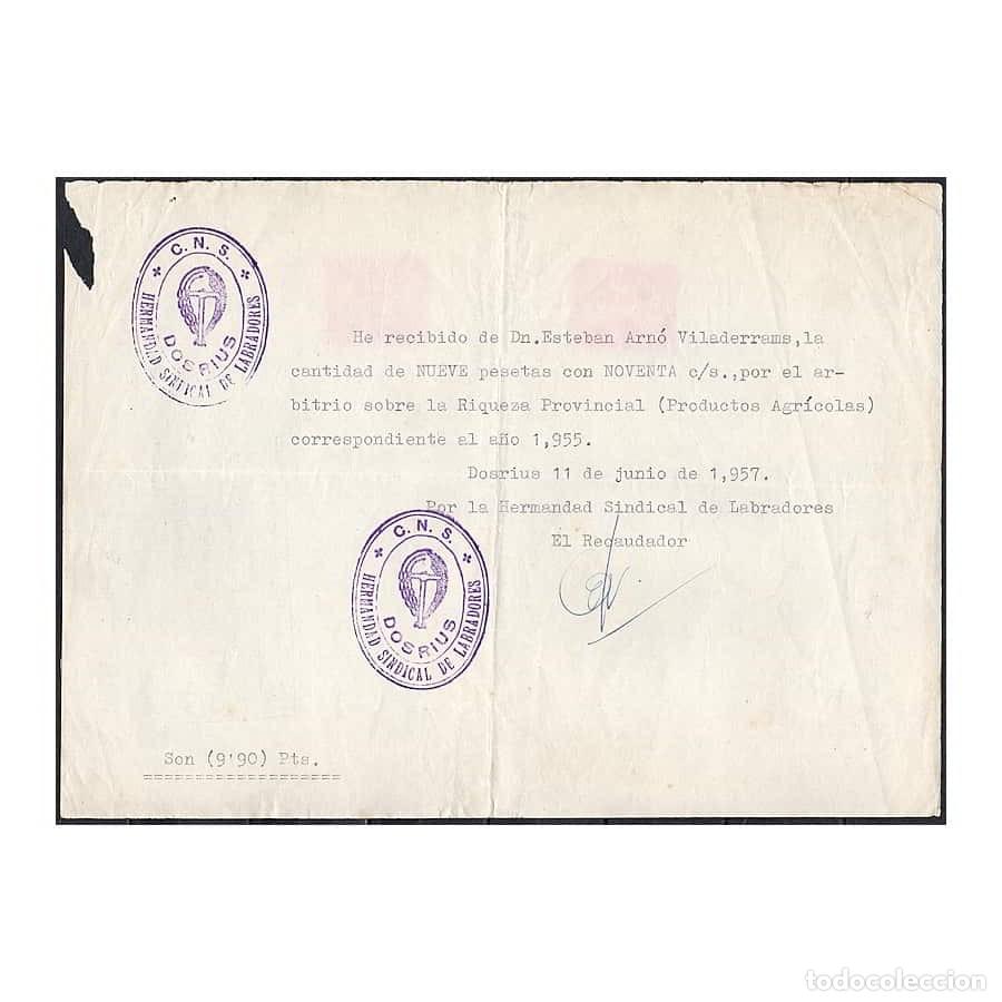 Facturas antiguas: Espa&ntilde;a 1957 [DOC] CNS. Recibo arbitrio sobre riqueza agr&iacute;cola. Dosrius (C)