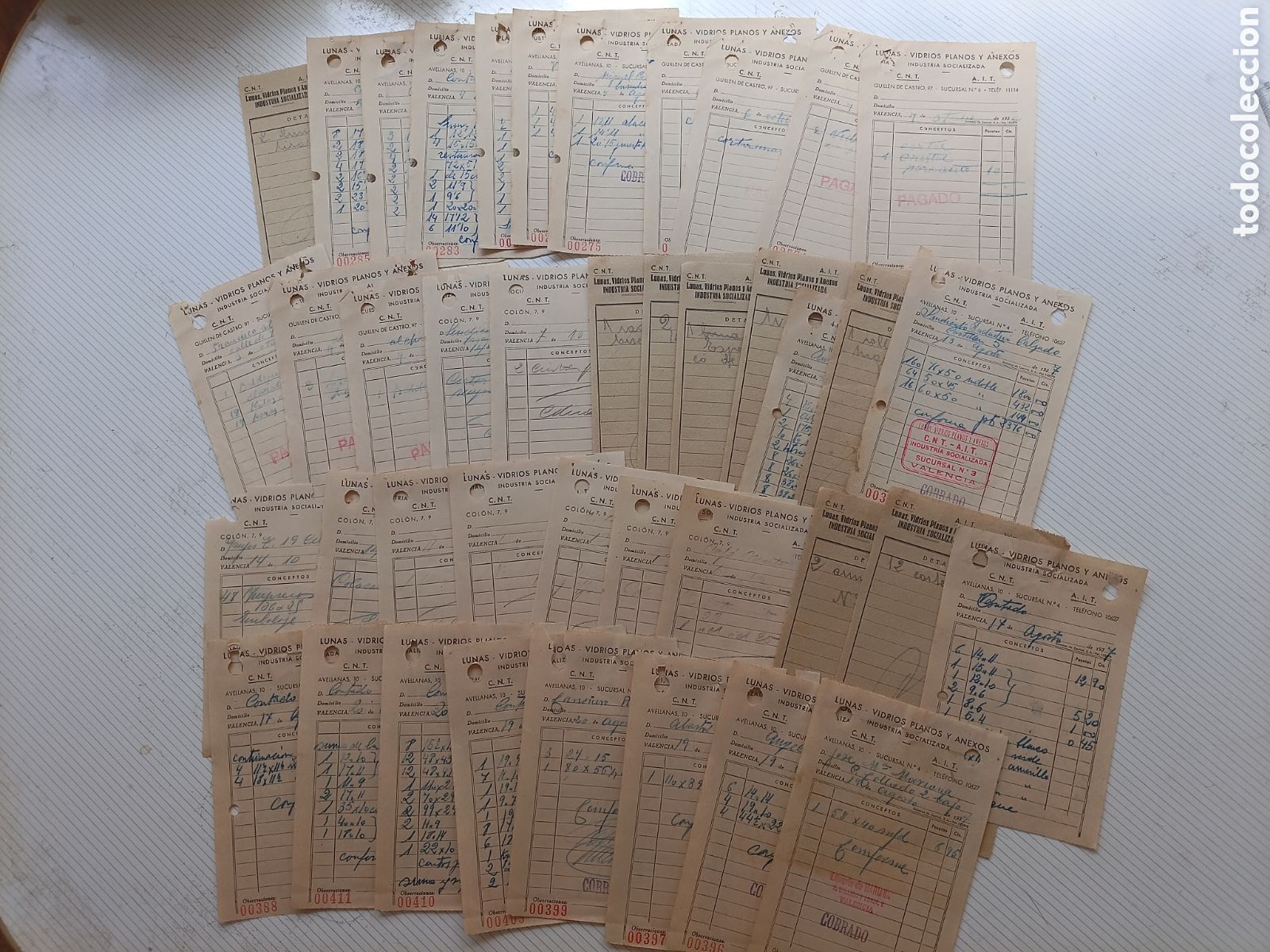 Facturas antiguas: VALENCIA. 41 FACTURAS DE LA GUERRA CIVIL. VIDRIOS PLANOS Y ANEXOS. CNT AIT. 1937