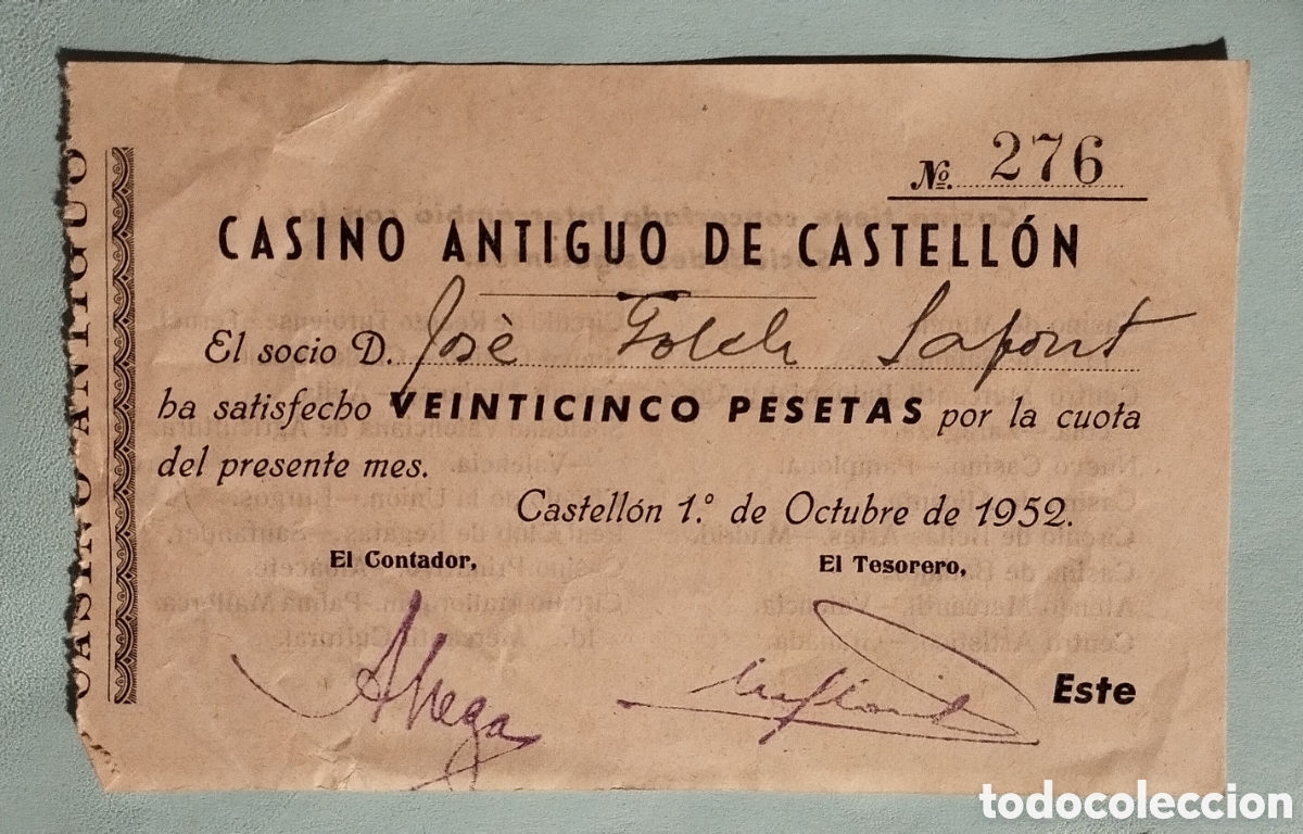 Facturas antiguas: CASINO ANTIGUO DE CASTELL&Oacute;N, RECIBO 1952