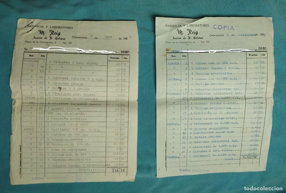 Facturas antiguas: 2 facturas Farmacia y Laboratorio - M. Reig - Onteniente 1965
