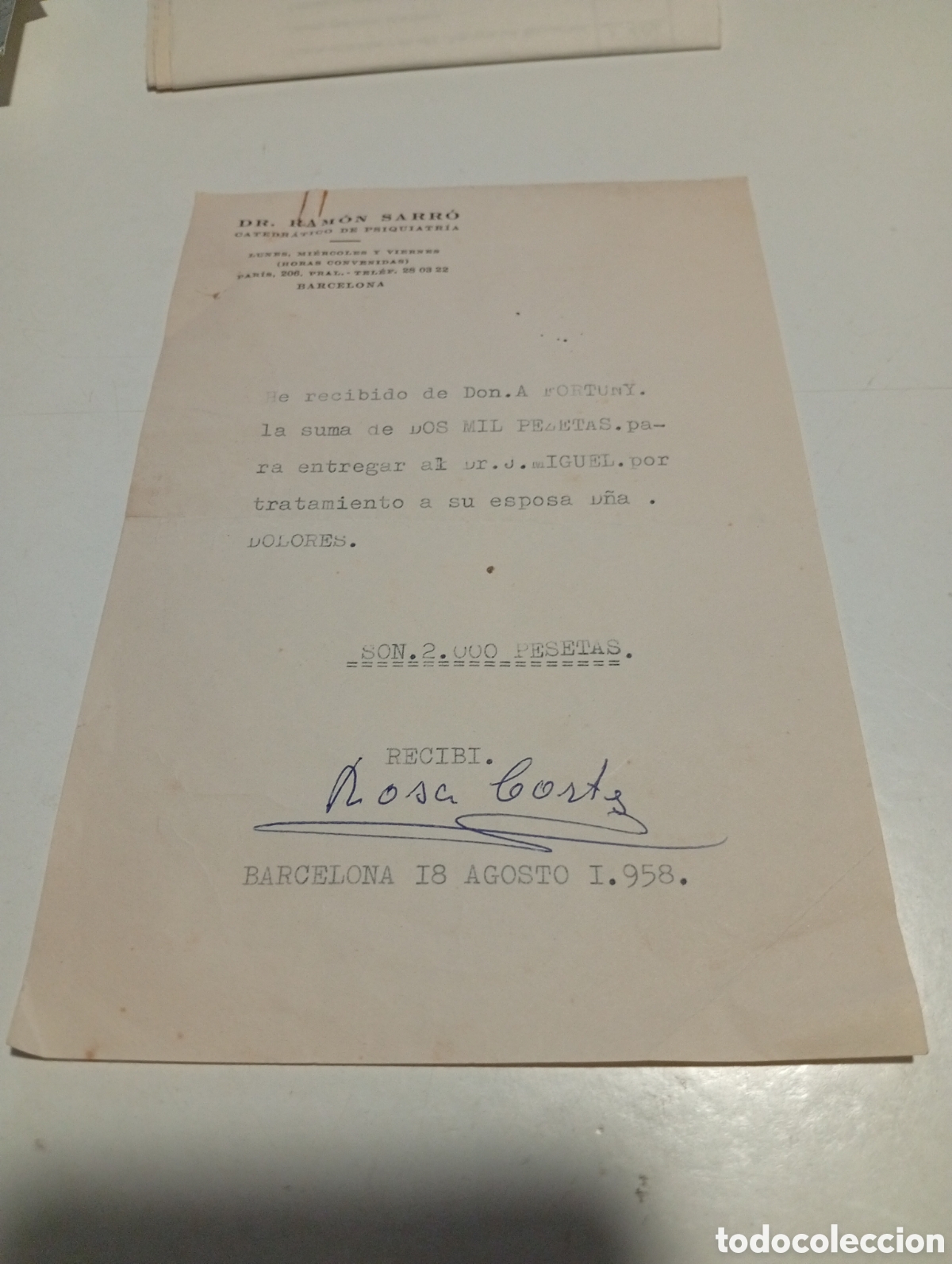 Facturas antiguas: Dr. Ram&oacute;n Sarro catedr&aacute;tico de psiquiatr&iacute;a