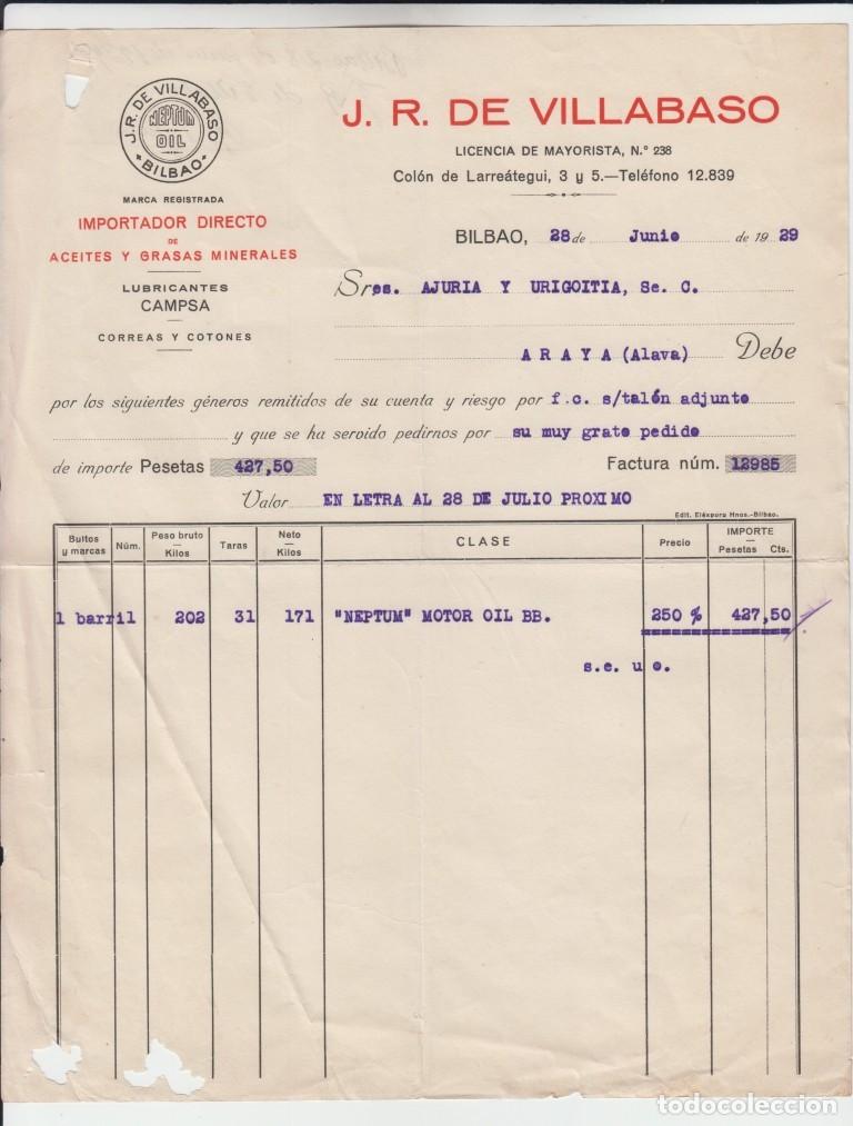 Facturas antiguas: Factura J. E. DE VILLABASO - Importador directo de aceites y grasas minerales - Bilbao 1929