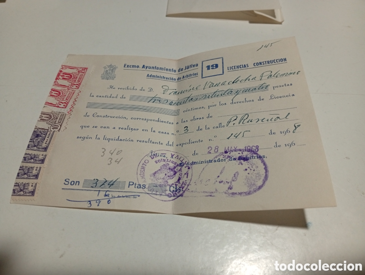 Facturas antiguas: Excmo Ayuntamiento de J&aacute;tiva licencias construcci&oacute;n 1968