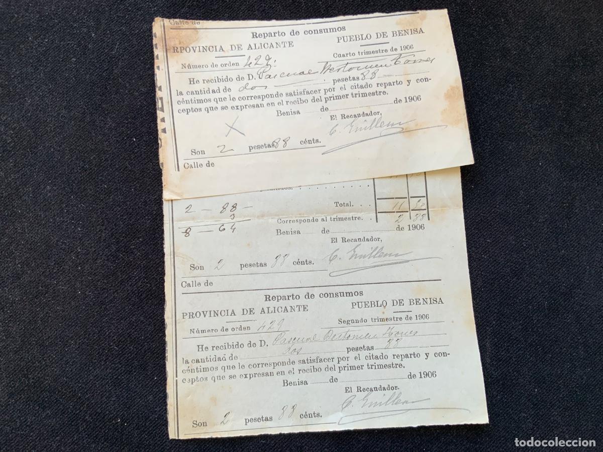 Facturas antiguas: Reparto de consumos provincia de alicante, pueblo de benisa, benissa. 1906.