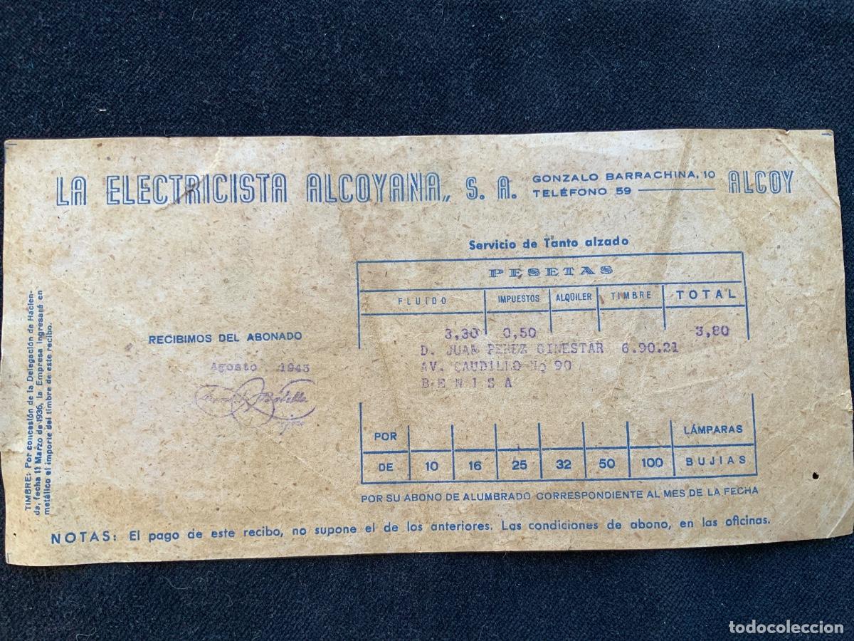Facturas antiguas: Antiguo recibo de la luz, electrica alcoyana, 1943, benisa.