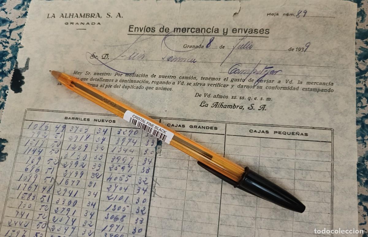 Facturas antiguas: FACTURA DE CERVEZAS ALHAMBRA DE GRANADA. JULIO DE 1939, GUERRA CIVIL.