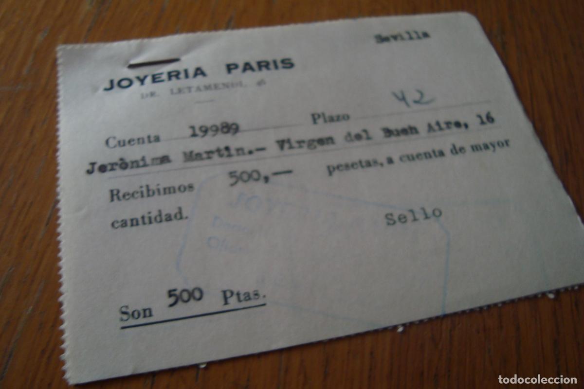 Facturas antiguas: ANTIGUOS RECIBOS JOYERIA PARIS SEVILLA A&Ntilde;OS 60.