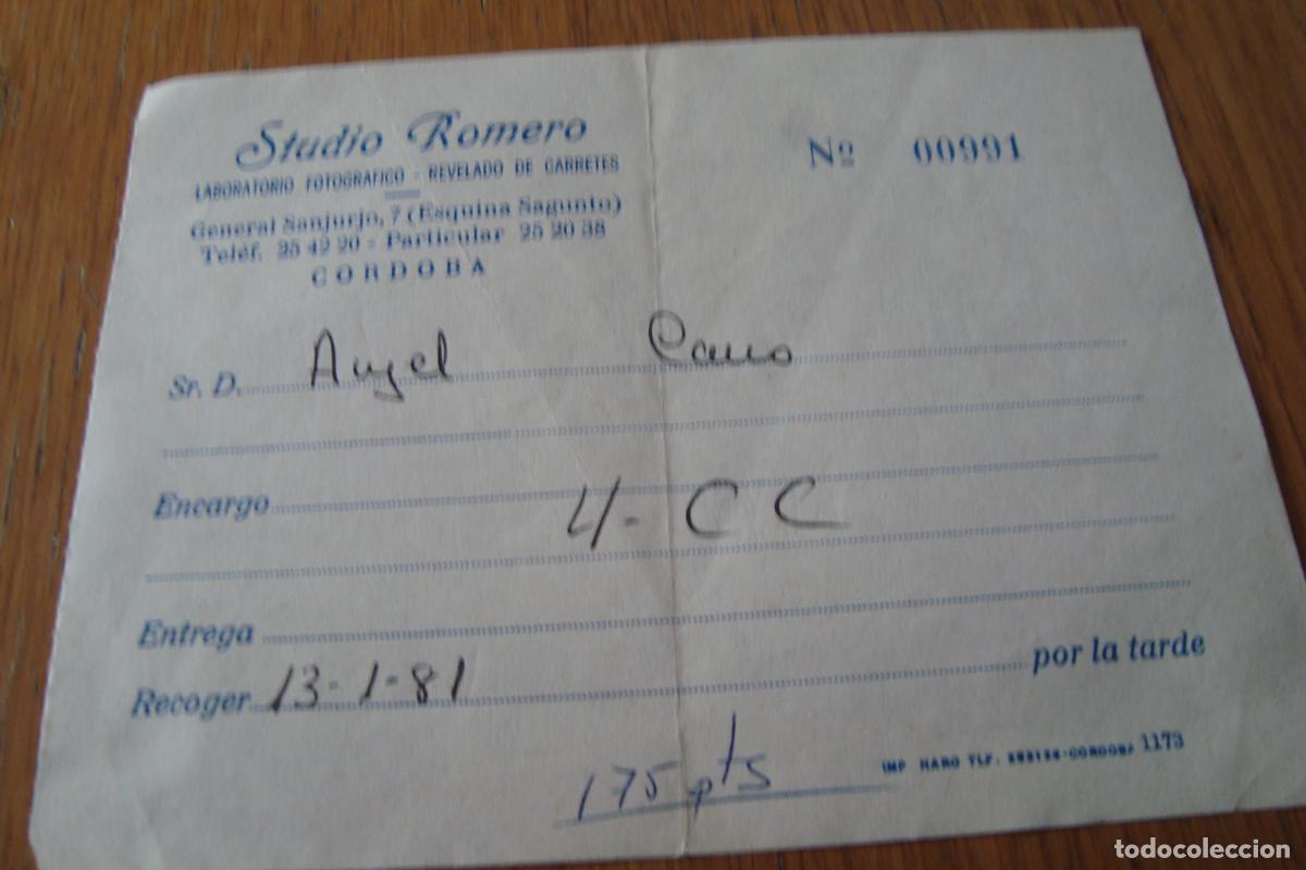 Facturas antiguas: ANTIGUO RECIBO STUDIO ROMERO LABORATORIO FOTOGRAFICO CORDOBA 1981.